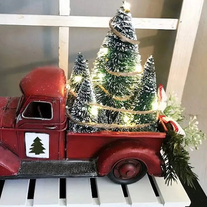 Christmas Retro Red Truck Ornaments Metal Car With Mini Green Tree And Box Xmas Table Decoration