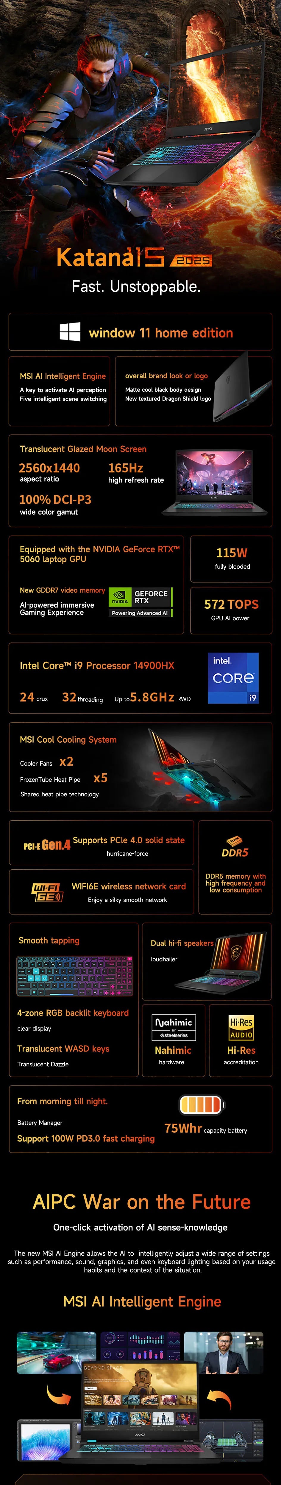 2025 MSI Katana 15 HX Gaming Laptop 15.6 Inch 2.5K QHD 165Hz IPS Screen Notebook i9-14900HX 32GB 2TB RTX5060 Netbook Computer PC