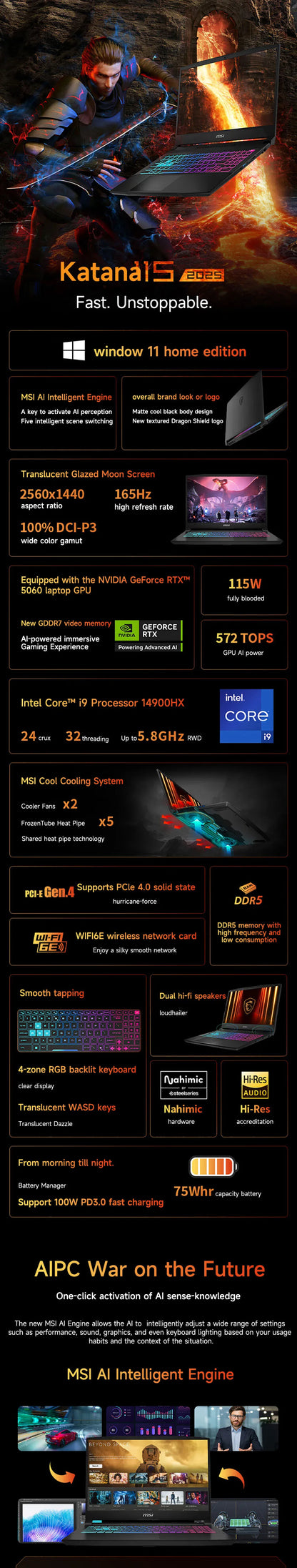 2025 MSI Katana 15 HX Gaming Laptop 15.6 Inch 2.5K QHD 165Hz IPS Screen Notebook i9-14900HX 32GB 2TB RTX5060 Netbook Computer PC