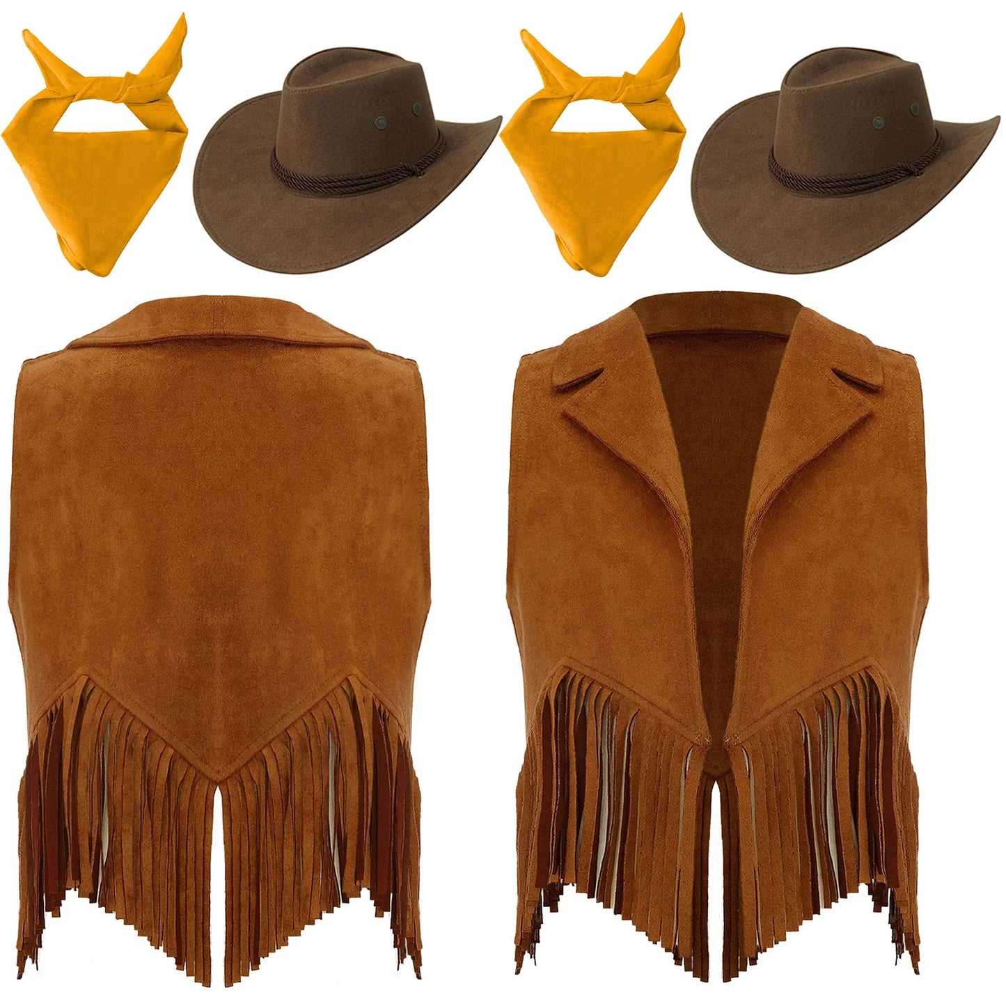 Costume de cosplay pour filles, cow-girl western, gilet en daim rétro à franges, ouvert sur le devant, avec bandana, foulard et chapeau pour Halloween et le carnaval