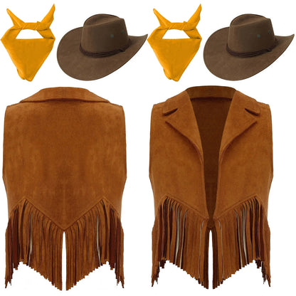 Girls Western Cowboy Cowgirl Cosplay Costume Open Front Retro Suede Tassels Vest with Bandana Scarf Hat for Halloween Carnival