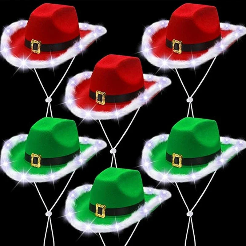 Chapeau de cowboy lumineux de Noël pour fête du Père Noël, chapeaux en feutre rouge occidental, chapeau de cowgirl à large bord, chapeau de jazz pour femmes et hommes