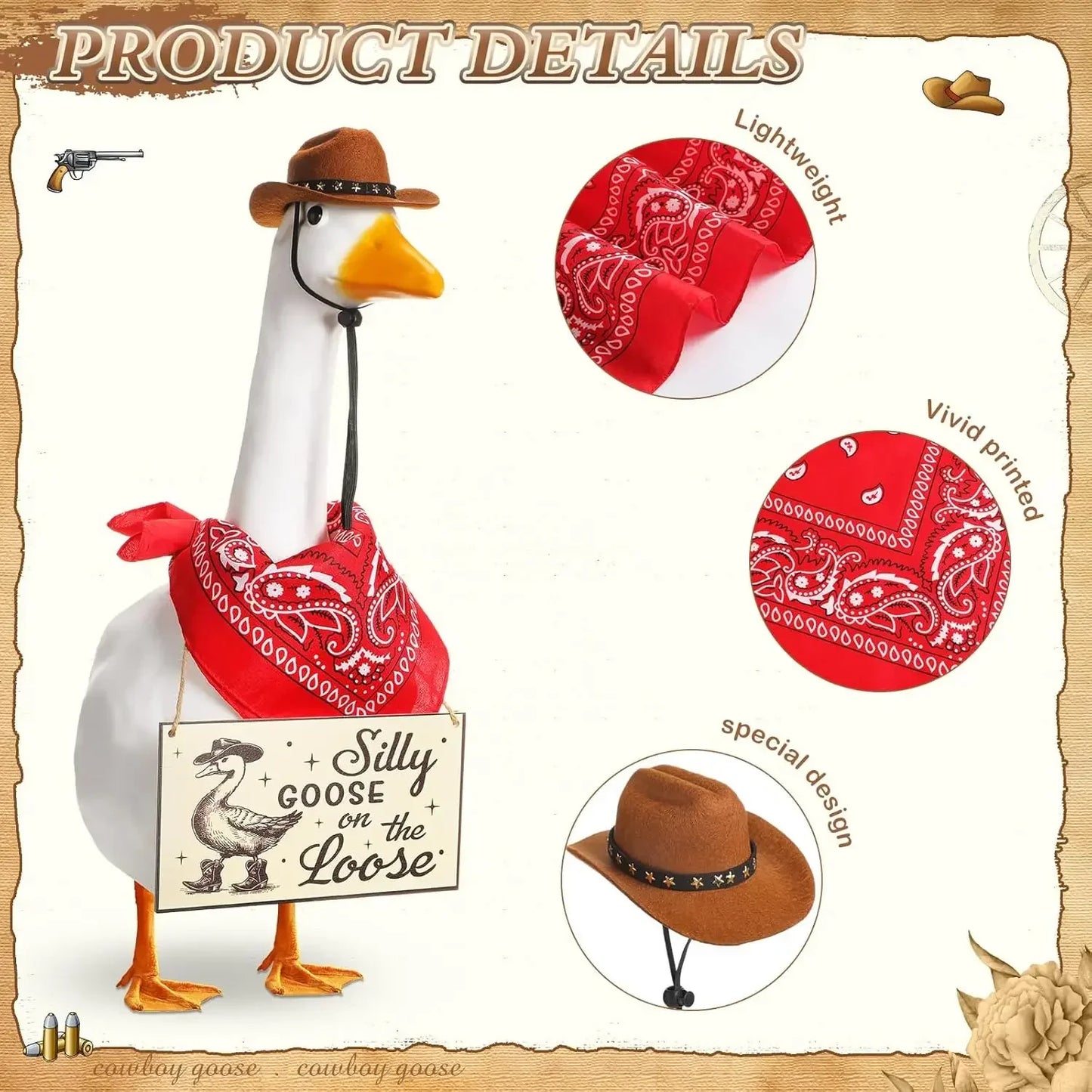 The Loose Hangings Sign Cowboy Goose Outfit with Cowboy Hat and Red Bandana for 23" Cement/Plastic Goose Outdoor Statue Patio