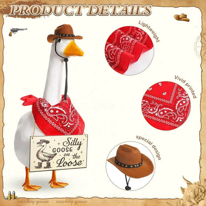 The Loose Hangings Sign Cowboy Goose Outfit with Cowboy Hat and Red Bandana for 23" Cement/Plastic Goose Outdoor Statue Patio