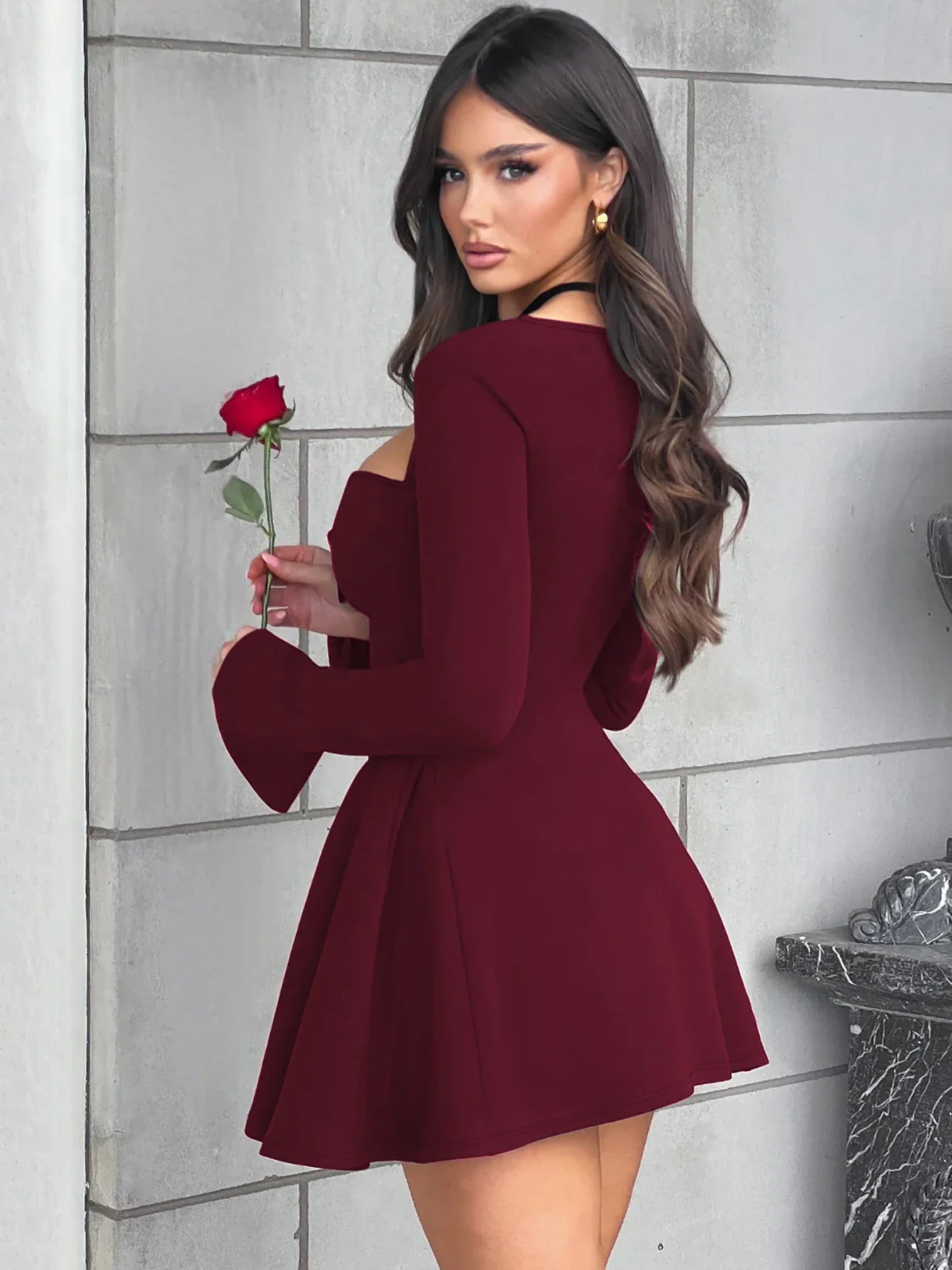Dulzura Slit Long Flare Sleeves Patchwork A-Line Mini Dress Solid Elegant Sexy Party Prom Wedding Guest Dress Autumn