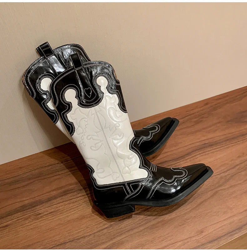 Bottes de cowboy Western Ods pour femmes en cuir véritable brodé, bout pointu, mi-mollet, style rétro, décontractées, de haute qualité