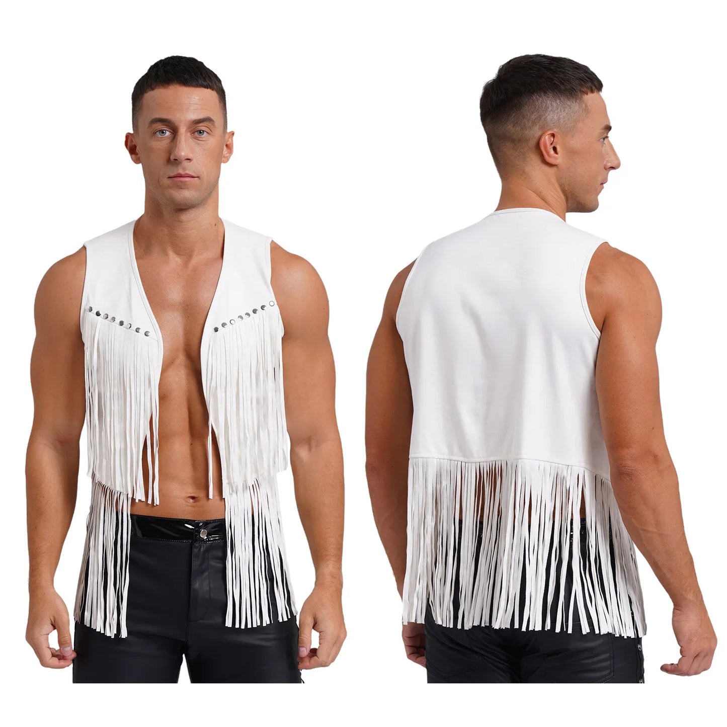 Gilet de cow-boy Western Halloween pour homme, en similicuir suédé, à pampilles et rivets, pour le motocyclisme, les raves, les fêtes et les boîtes de nuit