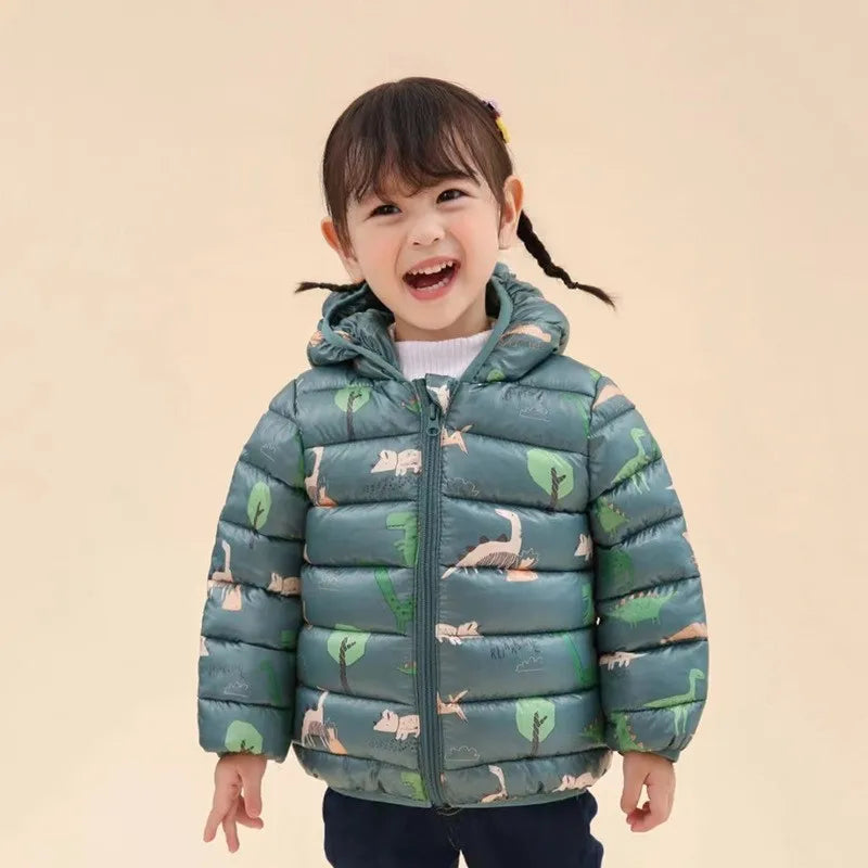 Enfants Garçons Bébé Vestes Légères à Capuche en Duvet Vêtements d'Extérieur Chauds Automne Enfants Filles Manteaux Imprimé Dinosaure Dessin Animé Vêtements Décontractés