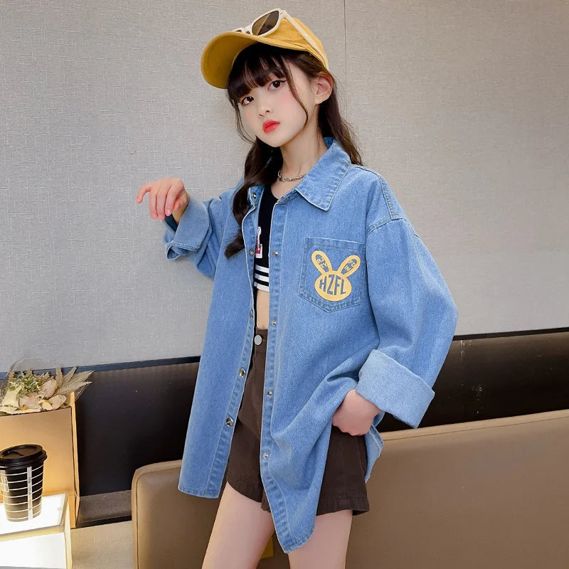 Chemisiers en Denim de Cowgirl de haute couture avec imprimé de lapin pour adolescente, chemise en Denim ample et décontractée à manches longues pour enfants