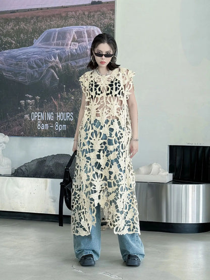 [EWQ] Chic belle Robe européenne à la mode femmes vêtements crochet à motifs découpe Robe sans manches Robe noire 2025 été nouveau