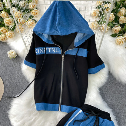 Cowboy patchwork hooded jacket fashionable sports suit women's summer 2025 new two-piece set popular age reducing pants