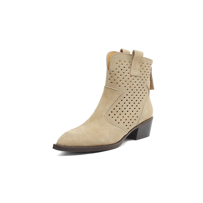 2025 Spring Autumn Chelsea Boots for Woman Cow Suede Pointy Toe Wedge Heel Ankle Boots Cutouts Comfortable Cowboy Boots Female