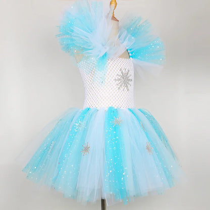 Elsa Costume for Girls Glitter Fancy Princess Dress Up Clothes Snowflake Tulle Tutu Dress Kids Halloween Birthday Dresses Outfit