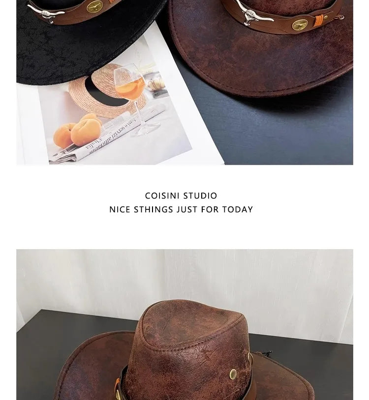 Faux Leather Western Cowboy Hats For Women Men Vintage Gentleman Cowgirl Jazz hat Holidays Party Cosplay Hat