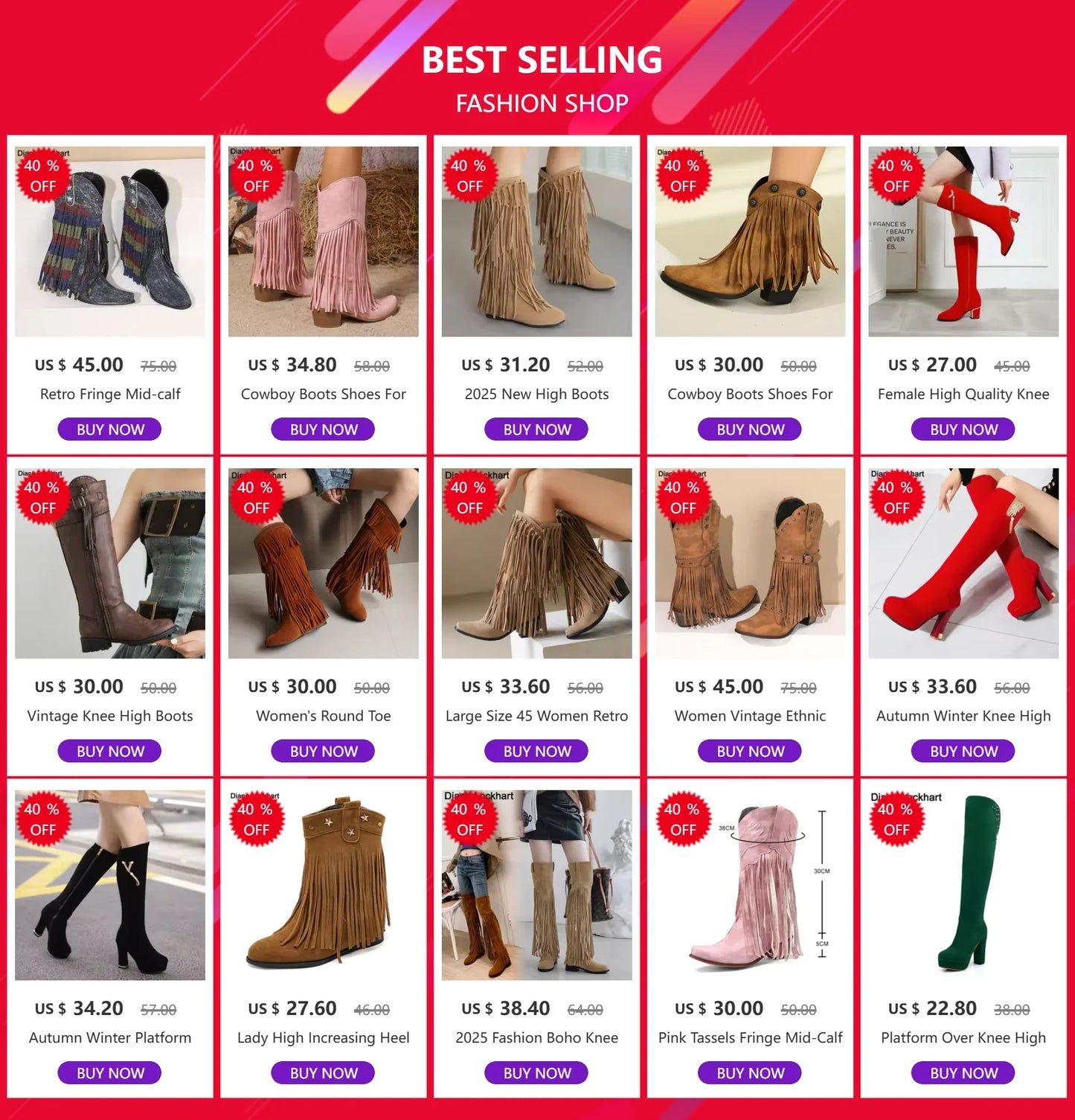 Bottes de cowboy pour femmes, brodées, à glands, talons épais, bout pointu, roses, de style western, bottes compensées sans lacets pour femme