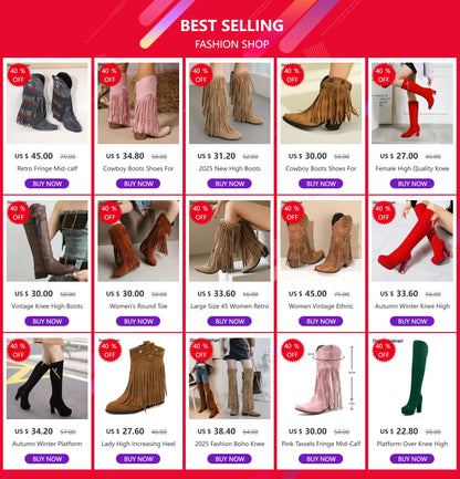 Bottes de cowboy pour femmes, brodées, à glands, talons épais, bout pointu, roses, de style western, bottes compensées sans lacets pour femme
