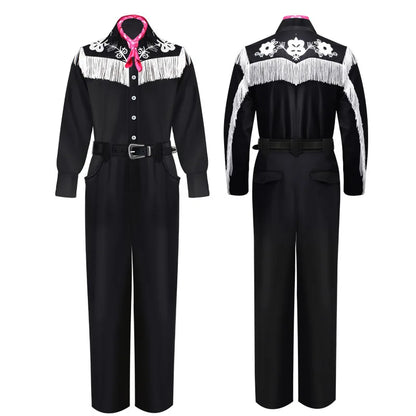 Costume de cowboy pour homme avec écharpe, chemise noire à franges à manches longues, pantalon et chapeau, idéal pour Halloween ou cosplay adulte