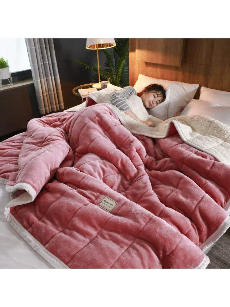 Coral Fleece Autumn Winter Warm Blankets for Bed 3 Layers Thicken Flannel Blanket Quilt Soft Comfortable Warmth Quilts Washable