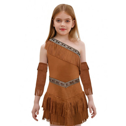 Vintage Western Cowgirl Cosplay Costume, Halloween Theme Party Outfits, Fringed Suede Dress with Fringed Sleeves
