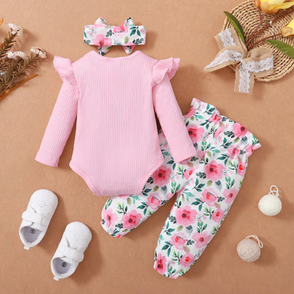 Ensemble de vêtements rose pour bébé fille 0-18 mois, tenue printemps et automne, body manches longues + pantalon floral + bandeau, 3 pièces, tenues de mode pour tout-petits