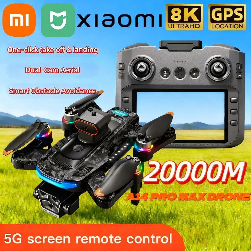 Xiaomi A14 pro Max Drone 8k HD double caméra GPS sans brosse flux optique évitement d'obstacles 4.5 pouces grand écran Uav Rc 20000m nouveau
