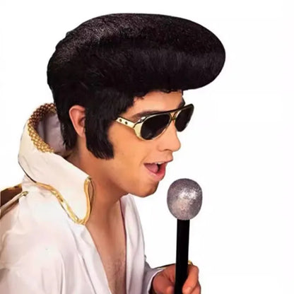 Rock and Roll Elvis Presley Cosplay Wig Daily Wear Melt Fibers Masquerade Party Stage Performance Black Short Hair