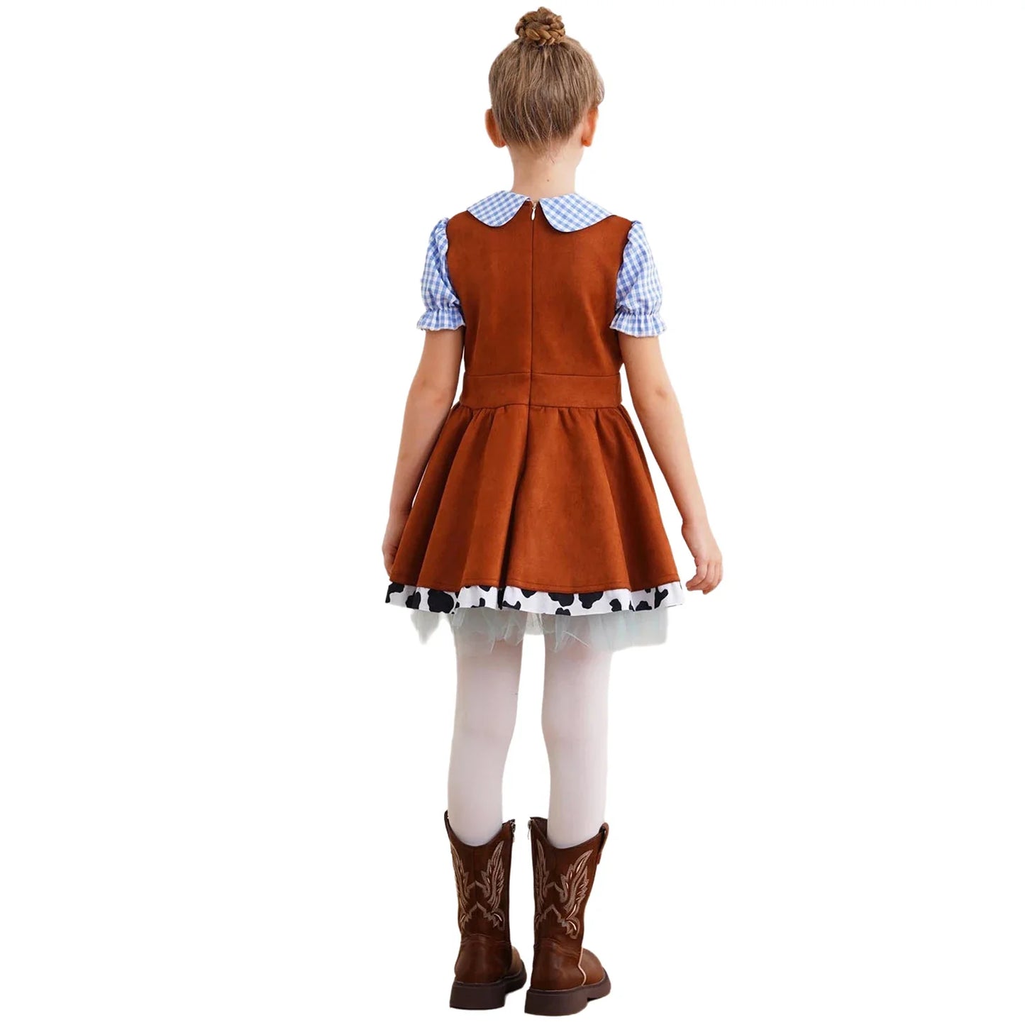 Kids Girls Western Cowboy Cowgirl Costume Halloween Cosplay Dress Puff Sleeve Cow Print Gingham A line Carnival Party Dress Up