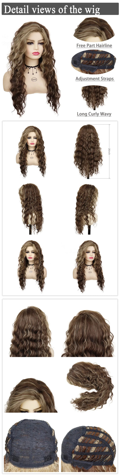 Perruque blonde bouclée cheveux synthétiques longs naturels perruques ondulées pour femmes blanches, raie libre, racines foncées, perruques ombrées, perruque ondulée tendance + autocollants