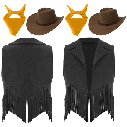 Costume de cosplay pour filles, cow-girl western, gilet en daim rétro à franges, ouvert sur le devant, avec bandana, foulard et chapeau pour Halloween et le carnaval