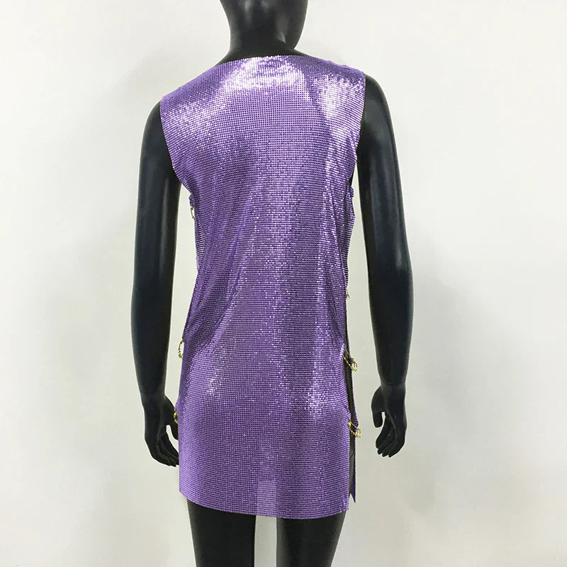 Shiny Y2k Metallic Sequins Mini Dresses For Women Sleeveless Backless Sexy Low Cut See Through Sexy Solid Clubwear Party Dress