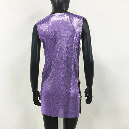 Shiny Y2k Metallic Sequins Mini Dresses For Women Sleeveless Backless Sexy Low Cut See Through Sexy Solid Clubwear Party Dress