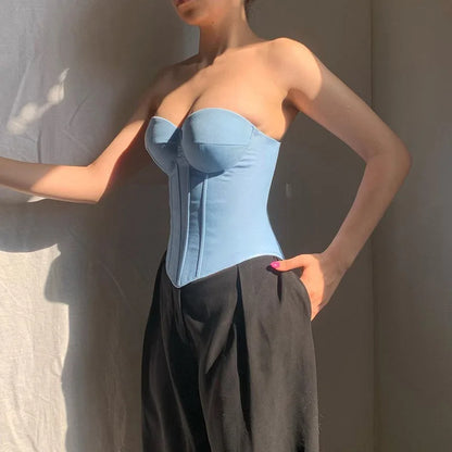 Harajuku Casual Female Imitation Cowboy Vest 2024 New Fashion Wrapped Chest Backless Strap Waist Solid Color Fishbone Tops Femal