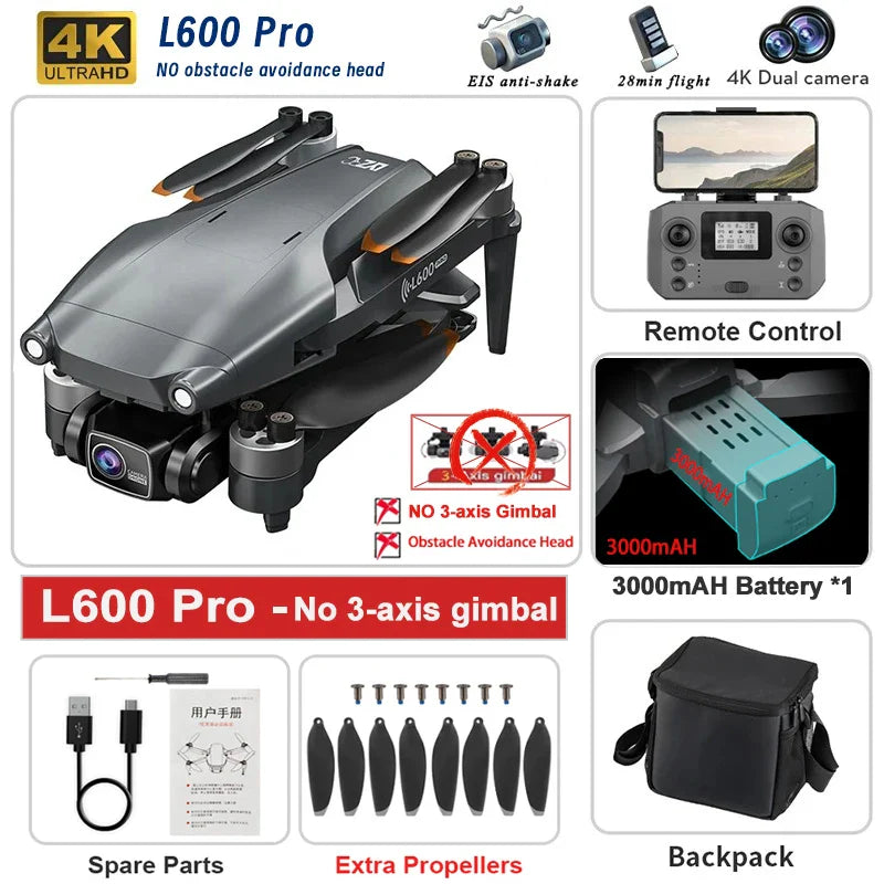 Nouveau Drone GPS L600 PRO MAX/PRO 5KM 4K professionnel HD double caméra 3 axes cardan 360 ° Jouet quadrirotor sans balais pour éviter les obstacles