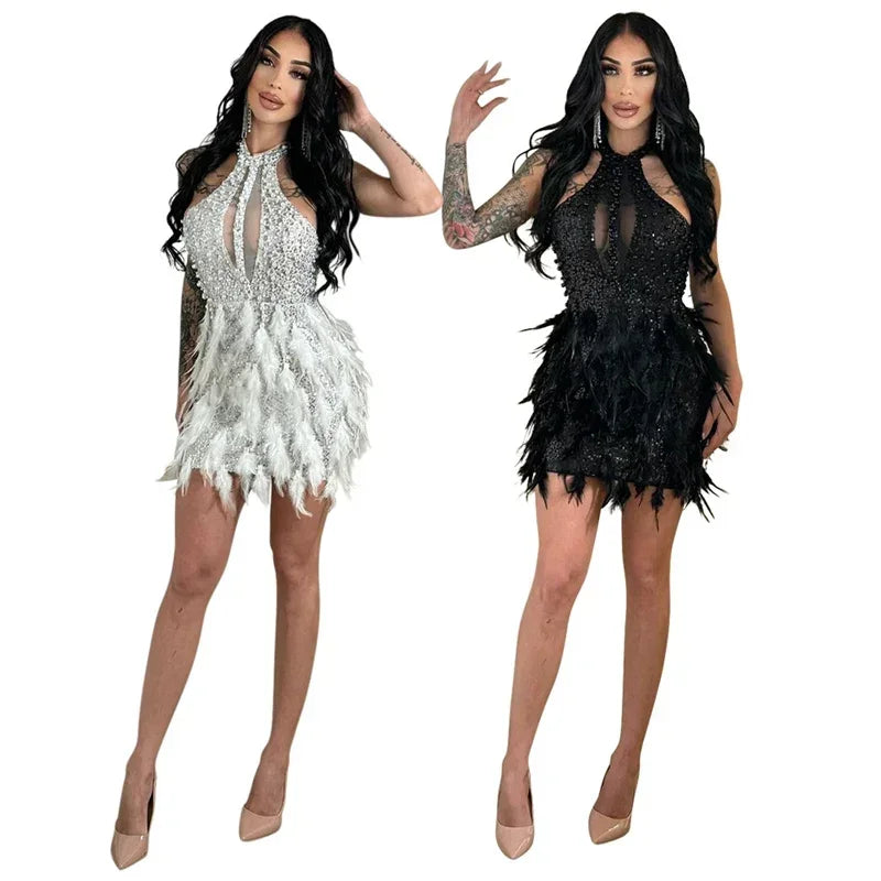 Sexy Glitter Sequins Birthday Dress Women Nightclub Party Halter Backless Feathers Sleeveless Prom Cocktail Short Dresses Robe