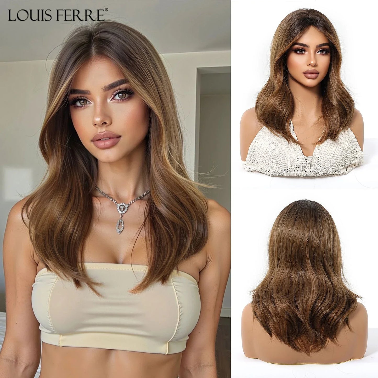 Brown Blonde Ombre Synthetic Wigs for Women Medium Length Wavy Layered Wigs With Side Bangs Daily Party Heat Resistant Fake Hair