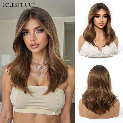Brown Blonde Ombre Synthetic Wigs for Women Medium Length Wavy Layered Wigs With Side Bangs Daily Party Heat Resistant Fake Hair
