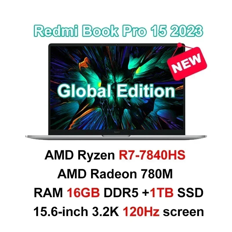 2023 Xiaomi Ordinateur portable Redmi Book Pro 15 Ryzen R5-7640HS/R7-7840HS AMD 780M/760M 16 Go de RAM 512 Go/1 To 15,6 pouces 3.2K 120Hz Mi Notebook