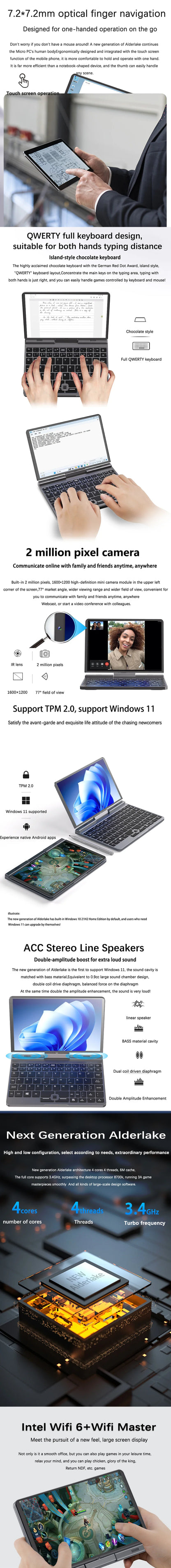 YSJMNPC 12th Gen Mini Laptop Intel N150 Quad Core 8 Inch Screen LPDDR5 12GB 4800MHz M.2 1TB Windows11Pro AX WiFi6 BT5.2 RJ45 LAN