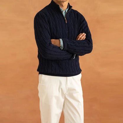 Men's Luxury Leisure Knit Mock Turtleneck Zipper Pullover Sweater Streetwear Retro Solid Long Sleeve Popular Jacquarded Knitwear