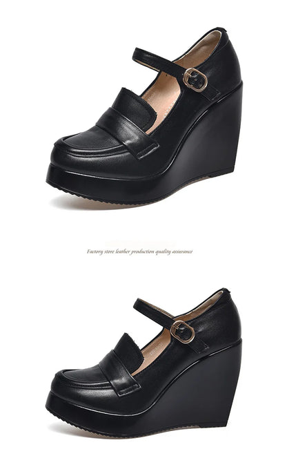 GKTINOO 2025 Compensées Chaussures Femme Printemps Automne À Enfiler Talons Hauts Bout Rond Cuir Véritable Décontracté Plateforme Dames Chaussures Femme
