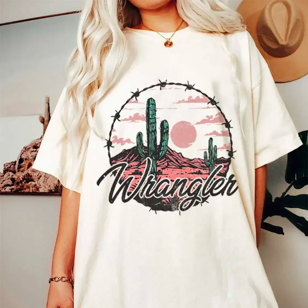 Chemise western en détresse, imprimé dessin animé tendance, nouveau style d'été, voyage et loisirs, col rond, haut basique et polyvalent pour femme, imprimé T-S