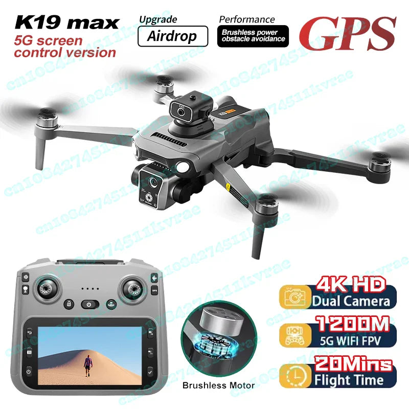 K19MAX GPS Drone avec caméra HD 4K Dron 5G WIFI 4.5 pouces écran LCD télécommande quadrirotor jouets moteur sans brosse FPV Drone