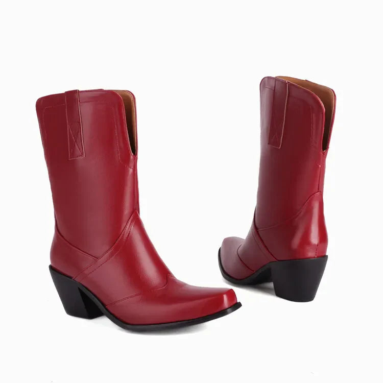 Bottes western rétro noires mi-mollet pour femme à talons épais gothiques, grandes tailles 34-48 777-11