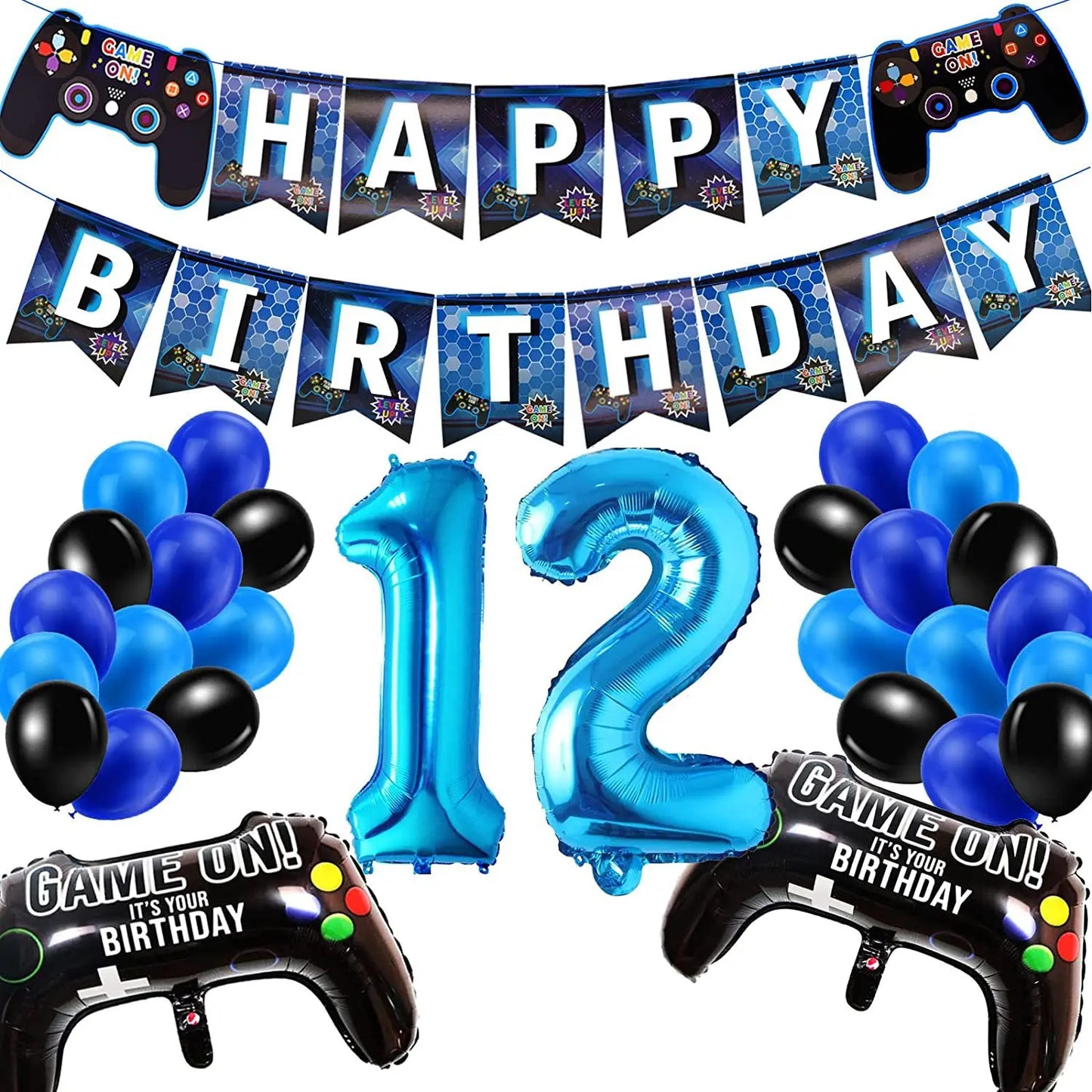 Blue Game Number 12 Birthday Theme Party Decoration Set Number Balloon Pull Flag Set