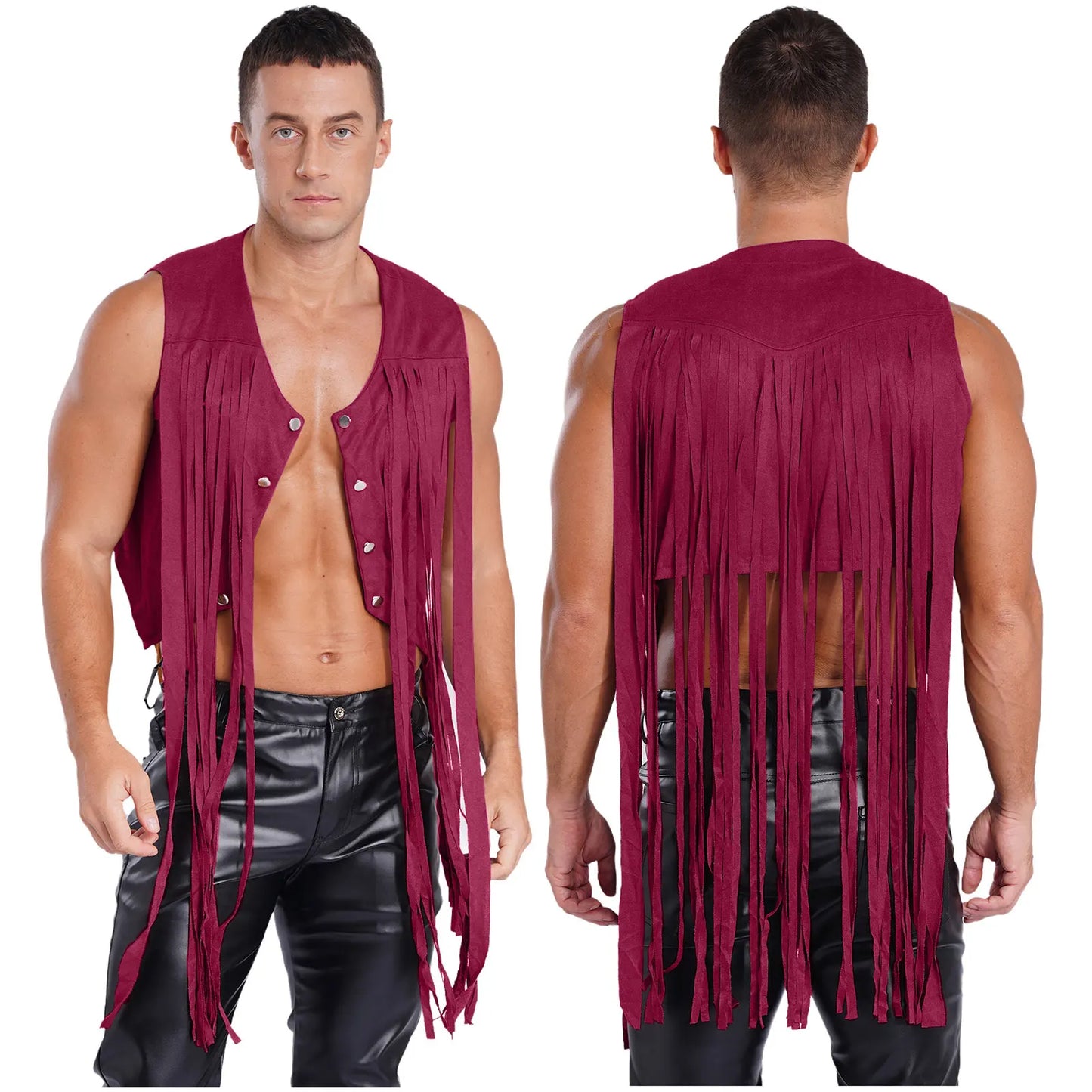Gilet de costume de cosplay cow-boy occidental pour hommes, gilet hippie disco années 60, en faux daim, avec pompons, cardigan pour fête costumée d'Halloween ou de carnaval