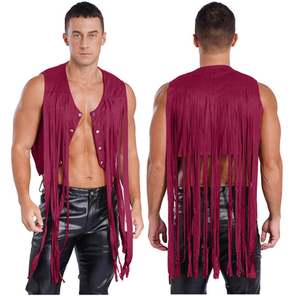 Gilet de costume de cosplay cow-boy occidental pour hommes, gilet hippie disco années 60, en faux daim, avec pompons, cardigan pour fête costumée d'Halloween ou de carnaval