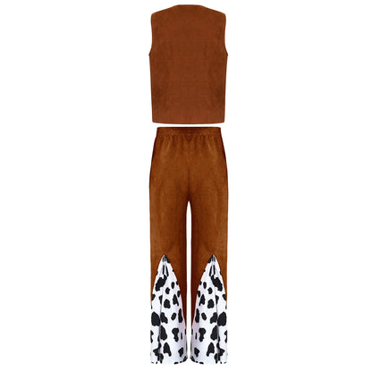 Enfants enfant Halloween Western Cowboy Cowgirl Cosplay Costume imprimé vache gilet à pampilles et ensemble de pantalon évasé Carnaval fête habiller