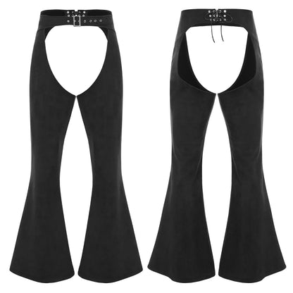 Womens Faux Suede Leather Cowboy Pants Vintage Adjustable Waist Hollow Out Bell Bottoms Biker Pants Riding Motorcycle Trousers