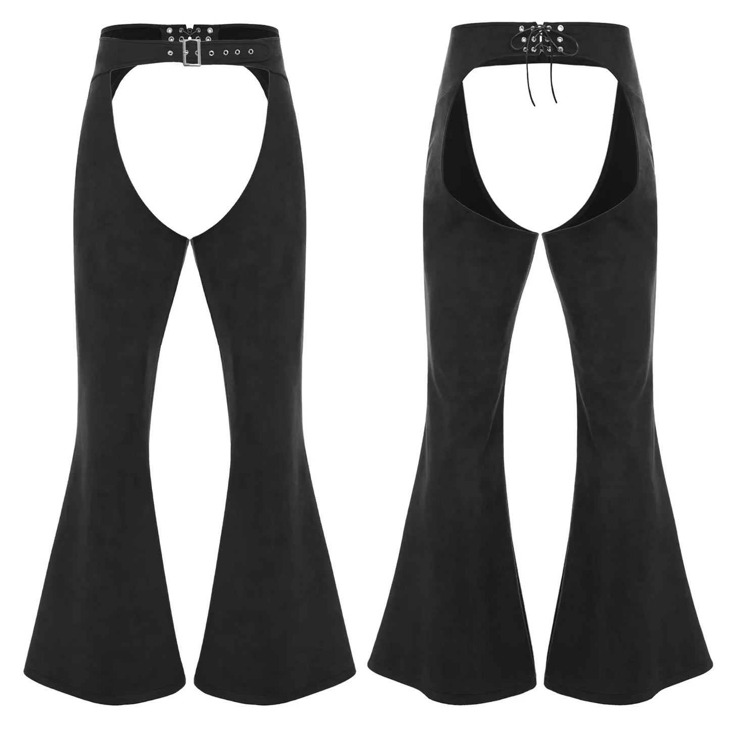 Womens Faux Suede Leather Cowboy Pants Vintage Adjustable Waist Hollow Out Bell Bottoms Biker Pants Riding Motorcycle Trousers