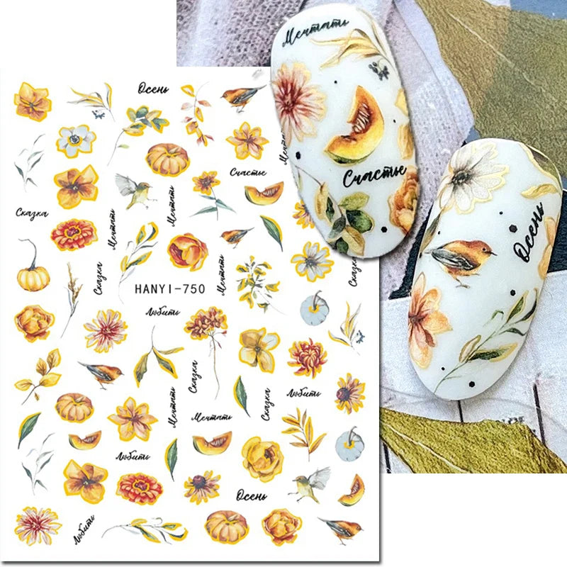 3d Nail Art Stickers Winter Autumn Golden Leaves Red Roses Flowers Decals For Nails Decoration Manicure Salon Beauty